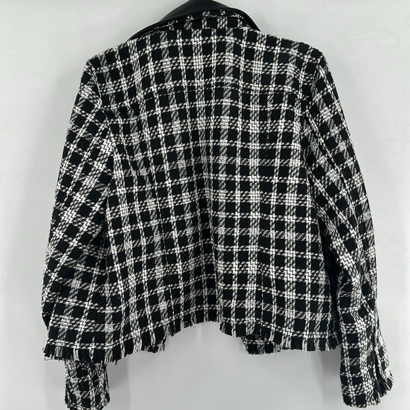 Karl Lagerfeld Paris Faux Leather‎ Collar Tweed Jacket Black White XL - Picture 5 of 6